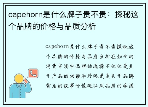 capehorn是什么牌子贵不贵：探秘这个品牌的价格与品质分析